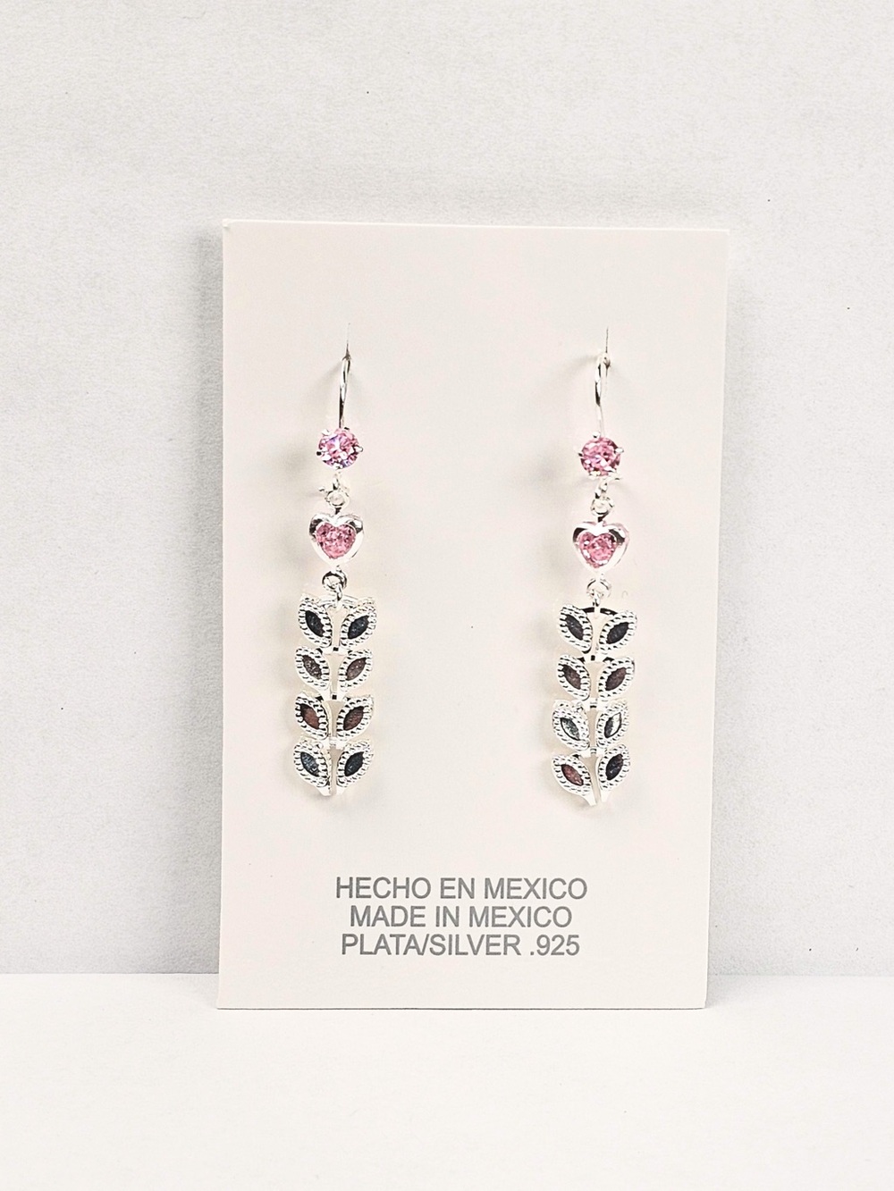 925 Sterling Silver Pink Crystal Heart Floral Dangle Earrings 46mm